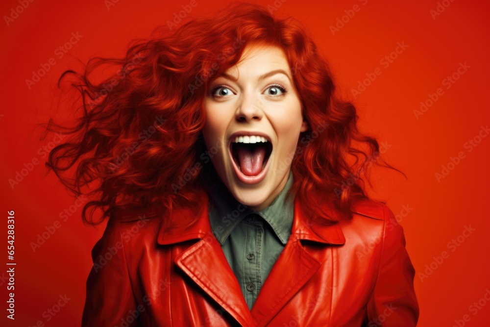 A woman with red hair making a funny face. This image can be used to portray humor or express a silly moment.
