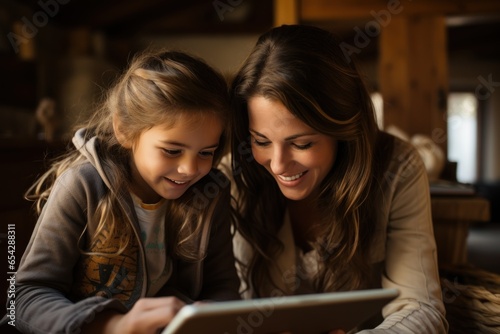 Mother and daughter enjoy playing with a tablet computer in the living room at home. AI generative