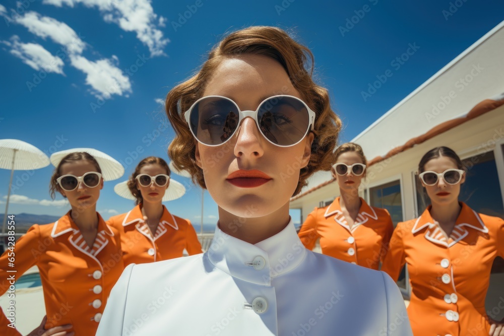 Female supermodels fashion wear glasses sky background. generated AI.
