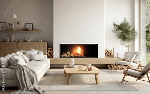 Scandinavian living room with a fireplace  a sofa and a coffee table. Generative AI