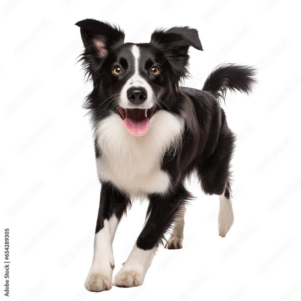 Happy border collie puppy running and looking at camera isolated on white background