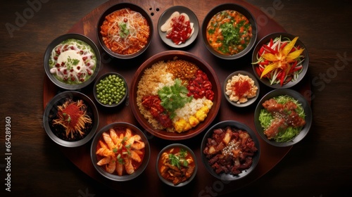 A top-down view of an Asian culinary backdrop featuring diverse ingredients, set on a rustic stone surface, highlighting Vietnamese and Thai cuisine