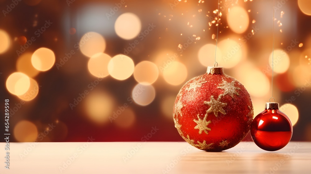 Christmas ornaments glass ball with snow inside. Christmas decorations transparent ball empty, hanging on golden ribbon, gold glitter confetti, bokeh lights. Christmas ornaments glass ball with snow inside. Christmas decorations transparent ball empty, hanging on golden ribbon, gold glitter confetti, bokeh lights.