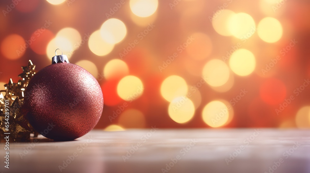 Christmas ornaments glass ball with snow inside. Christmas decorations transparent ball empty, hanging on golden ribbon, gold glitter confetti, bokeh lights. Christmas ornaments glass ball with snow inside. Christmas decorations transparent ball empty, hanging on golden ribbon, gold glitter confetti, bokeh lights.