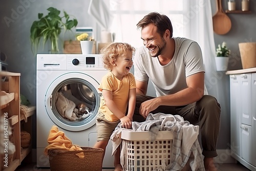 happy family father and his kid doing laundry together at home photo