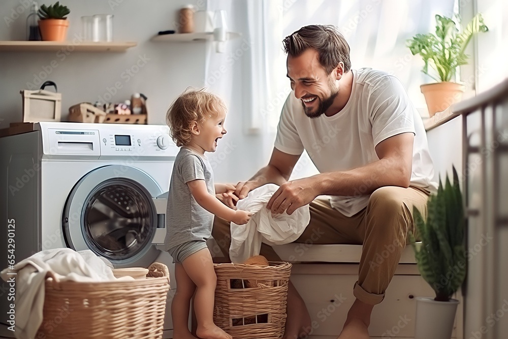 happy family father and his kid doing laundry together at home - obrazy, fototapety, plakaty 