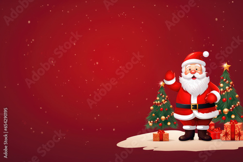 Christmas postcard banner of Santa Claus  Christmas tree and gift boxes on red background. Banner. Copy space for text.Happy New Year and Merry Christmas 