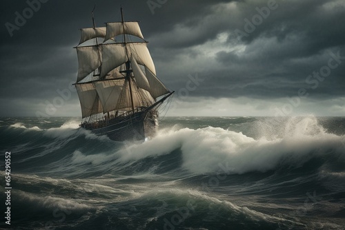 stormy sailing ship tossed by waves. Generative AI