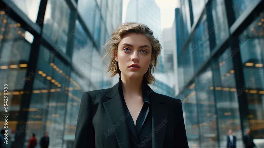 A businesswoman against the backdrop of towering office buildings