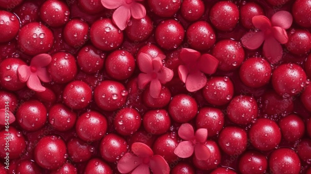 Cranberry background with water drops and flower petals. Cranberry background with water drops and flower petals.