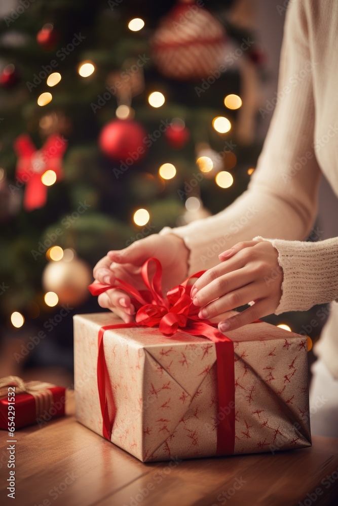 A woman is wrapping a present underneath a Christmas tree. Generative AI