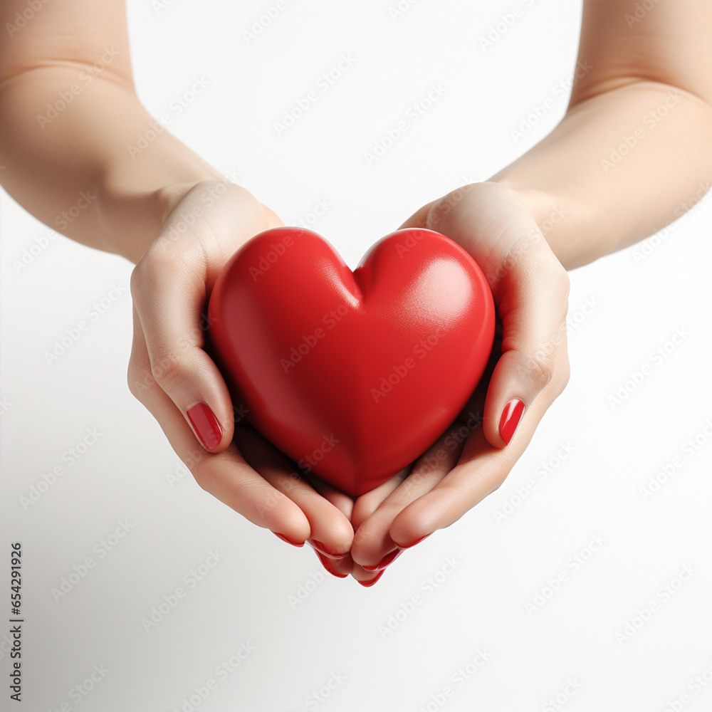 Obraz premium 3D simple Heart in mother hands on white background, ai technology