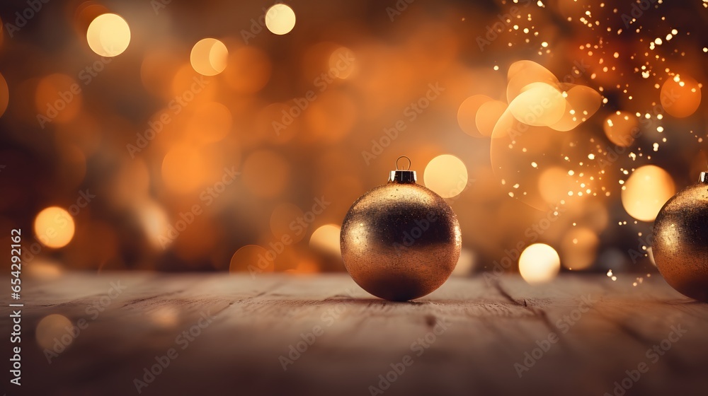 Fototapeta premium Christmas ornaments glass ball with snow inside. Christmas decorations transparent ball empty, hanging on golden ribbon, gold glitter confetti, bokeh lights. 