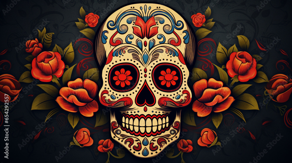 Beautiful Mexican skull design with a weathered and aged appearance, reminiscent of traditional Mexican folk art