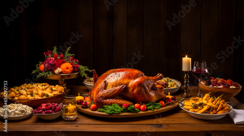 Thanksgiving Table with a Turkey and other Food. Deocration dinner Family. (ID: 654292753)