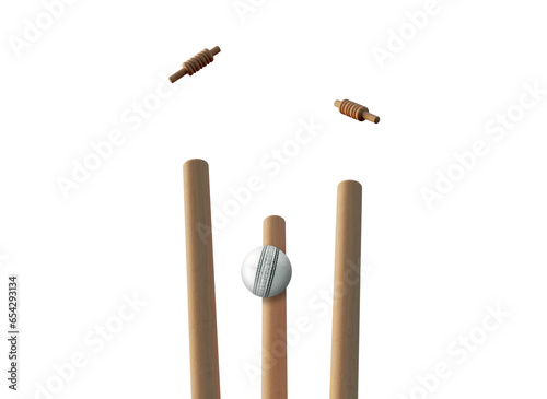 Cricket ball hitting wicket stumps knocking bails out against blue sky background. Bails fly from cricket stumps as ball hits on grass field. Close-up of cricket stumps and bails. 3D Rendering