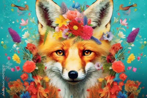 Vibrant fox head adorned with flowers against a colorful backdrop illustration. Generative AI © Raul