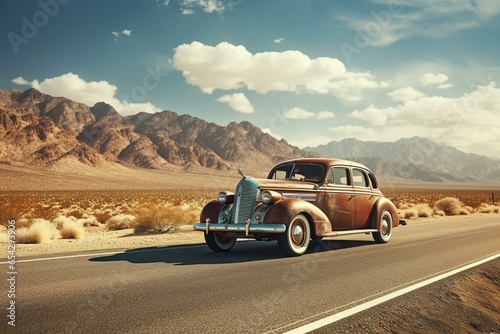 Vintage vehicle cruising along a desert road. Generative AI © Calliope