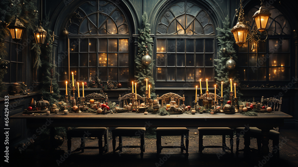 Christmas decorations in the classic dark church