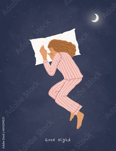 Sweet dreams. Young woman sleeps on side. Lying on pillow. Sleep tight, Dreaming, Sleeping, Sound sleep, Night sky, Astral, Stars. Trendy hand drawn doodle style. Flat design vector illustration.