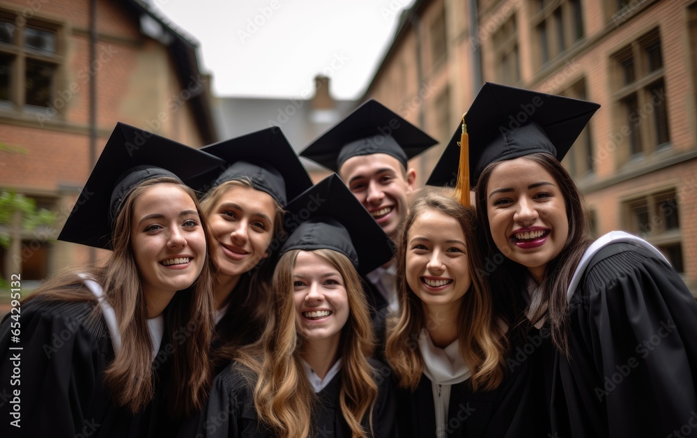 A group of students from different cultures taking a selfie on graduation day. Generative AI A group of students from different cultures taking a selfie on graduation day. Generative AI