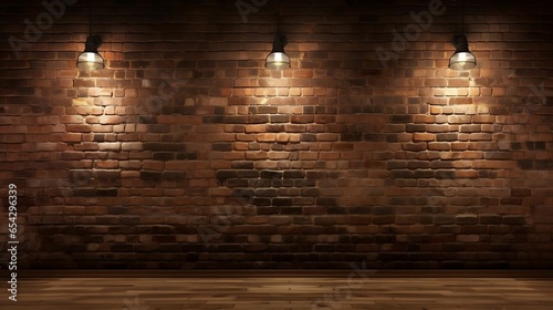 Old interior room with brick wall and three light spots 