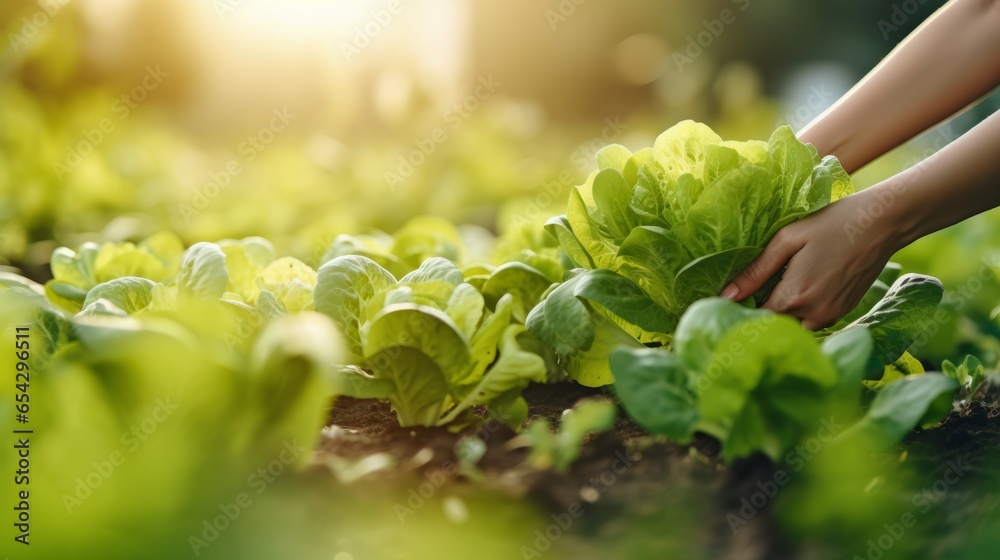 Obraz premium Woman's hand picking green salad in the vegetable garden. Generative AI