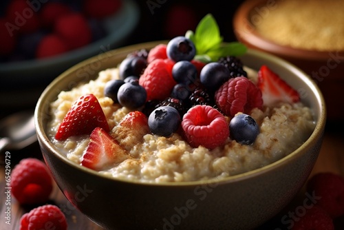 A bowl of nutritious oatmeal topped with vibrant seasonal berries. Generative AI