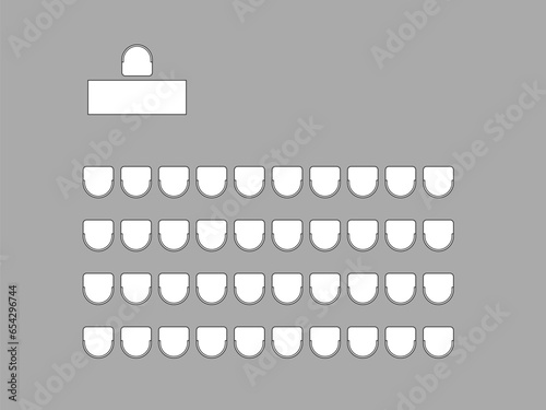 Furniture elements top view, plan of auditorium, classroom with place spectators. Kit for plan of office, lecture hall, workspace, education, school. Scheme chairs and tables. Collection for interior