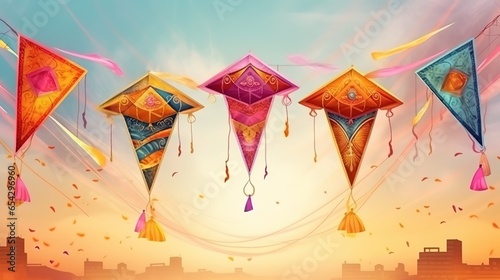 Makar Sakranti, Kids flying kite, Generative ai. photo