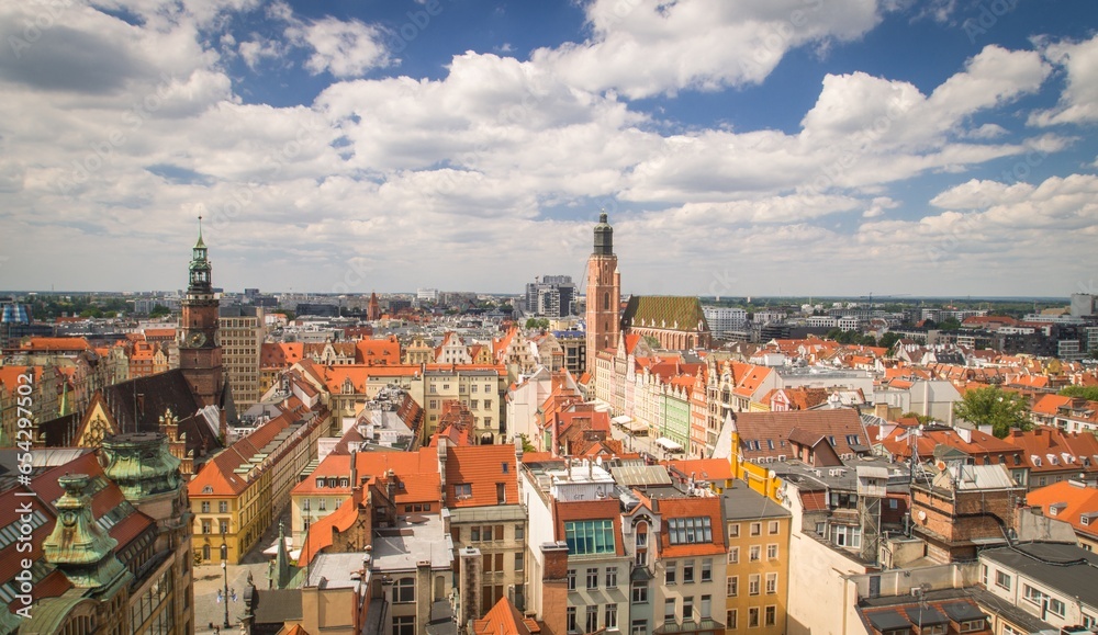 Panorama of the market square in Wroclaw. Town Hall of Lower Silesia Poland - obrazy, fototapety, plakaty 