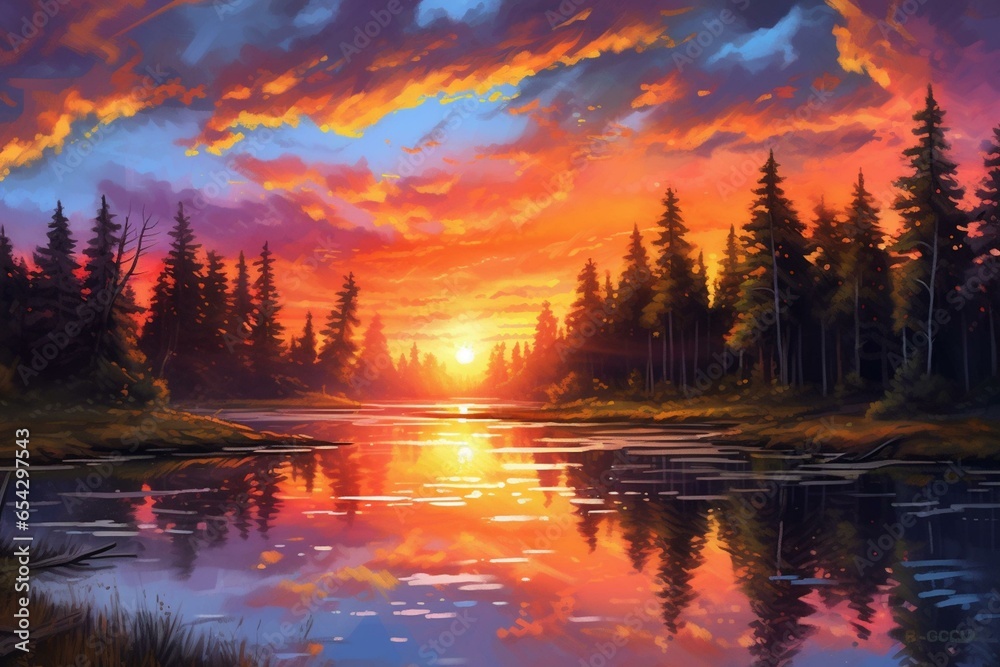 A painting of a beautiful sunset over a lake with forests, clouds, and a reflection. Generative AI