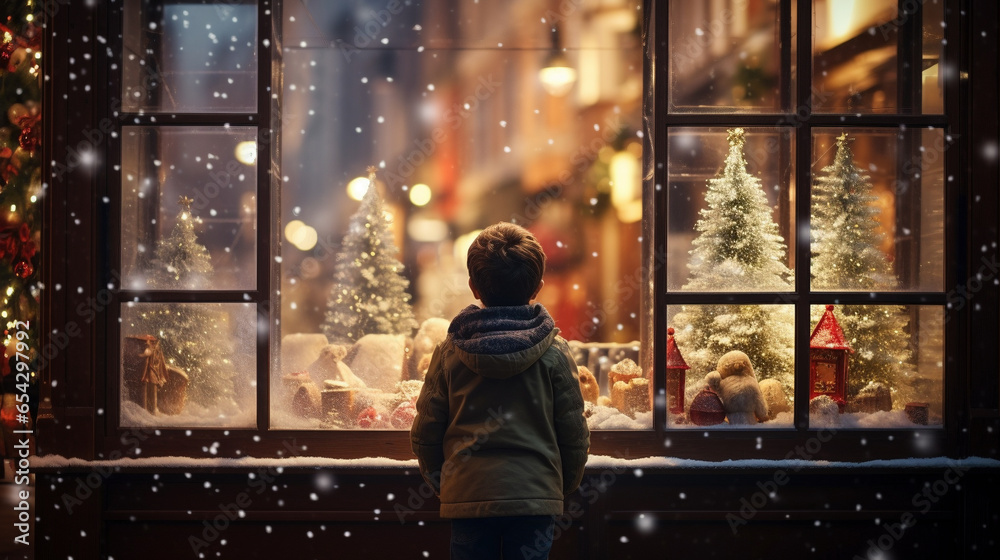 Young boy captivated by enchanting Christmas window, immersed in festive urban wonder.