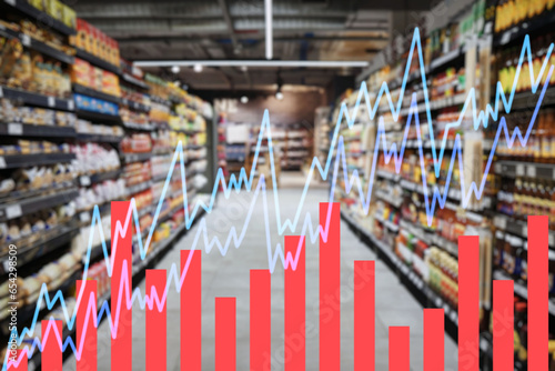 Chart, double exposure and supermarket for inflation increase in cost of living crisis with stats, numbers or data. Graph, analytics and percentage for economy, gdp growth and shopping mall for food photo