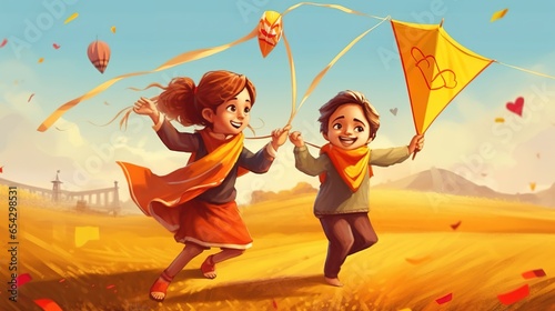 Makar Sakranti, Kids flying kite, Generative ai. photo