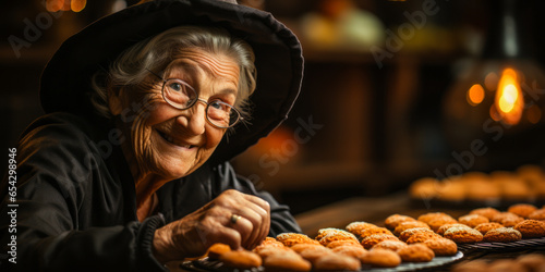Adorable elderly woman in witch's hat arranging Halloween cookies on a cooling rack.