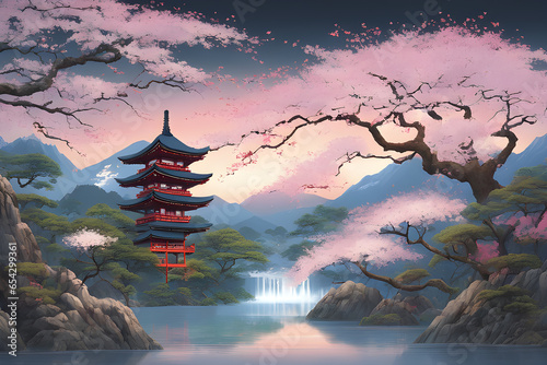 paint like illustration of Asian ancient town lakeside landscape ,