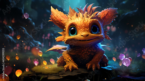 Cute dragon on the rocks,fantasy,3d generative ai