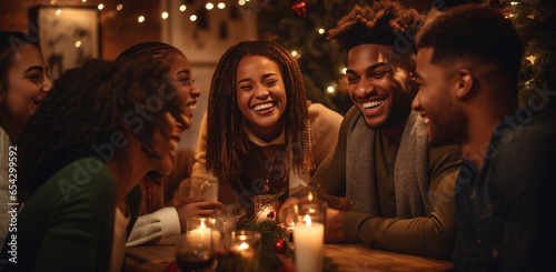 Black American friends share Christmas dinner  candlelight  and genuine holiday joy together.