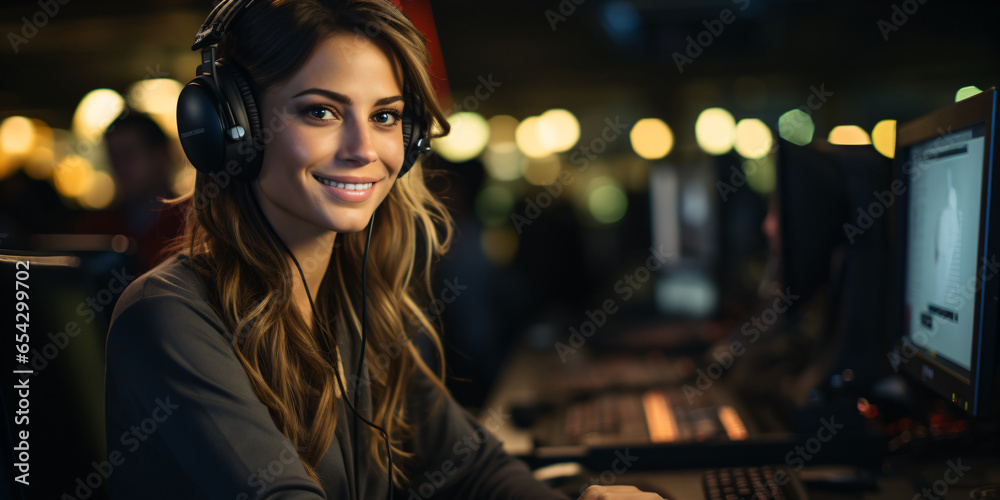 smiling woman with headset in a call center