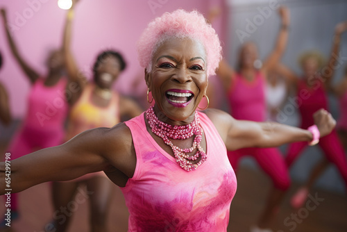 Active senior woman in pink attire enjoys exercise class with a joyful smile. photo