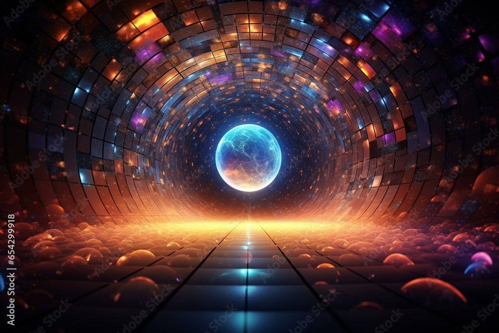 a sophisticated, artistic backdrop showcasing a 3d atomic structure, radiant circle, dynamic particles, cosmic tunnel, vibrant ellipses, and energetic spheres. Generative AI - obrazy, fototapety, plakaty 