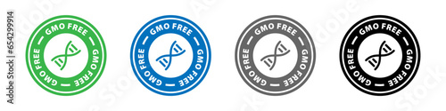 GMO free sticker, label, badge, stamp, emblem or sign. No GMO sticker. Eco, organic food or plants. Sign for products. Vector
