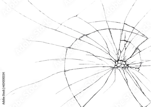Broken glass as spider web or as bullet hole in the door photography, black and white isolated background
