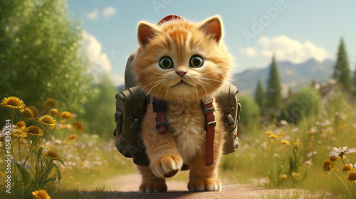 A cute kitten with a backpack going to school photo