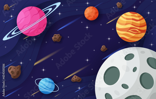 Galaxy Cartoon Background With Collection of Planets and Comets