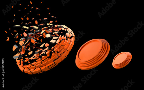 3D rendering of shattered clay shooting target set on a black background