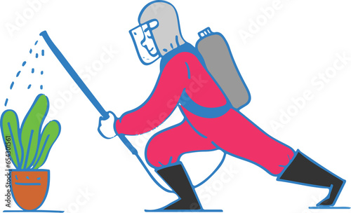 A man is spraying on plants, protect plants from insects 2d illustration.
