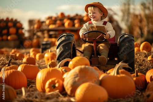 Young boy drives tractor through American pumpkin fields on a sunny day.