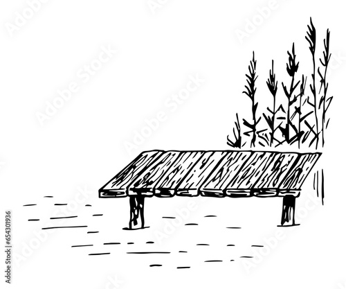 Simple wooden pier, reeds, water. Rest on the lake, fishing. Summer nature, pond. Sketch in ink. Vector black outline drawing.